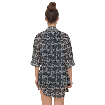 Playingcards-grey Open Front Chiffon Kimono - Luxtrini, LLC