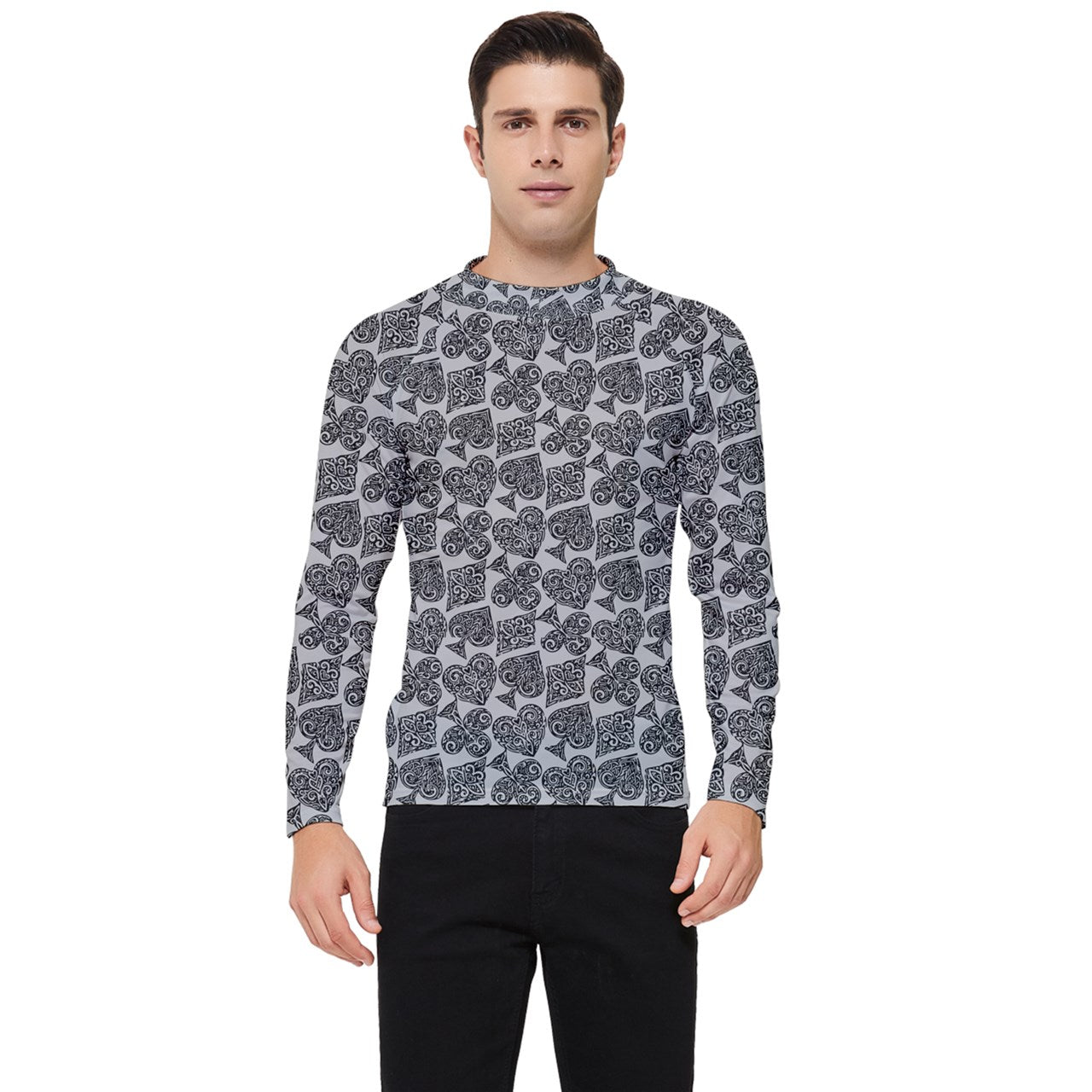 Playingcards-grey Men's Long Sleeve Rash Guard - Luxtrini, LLC