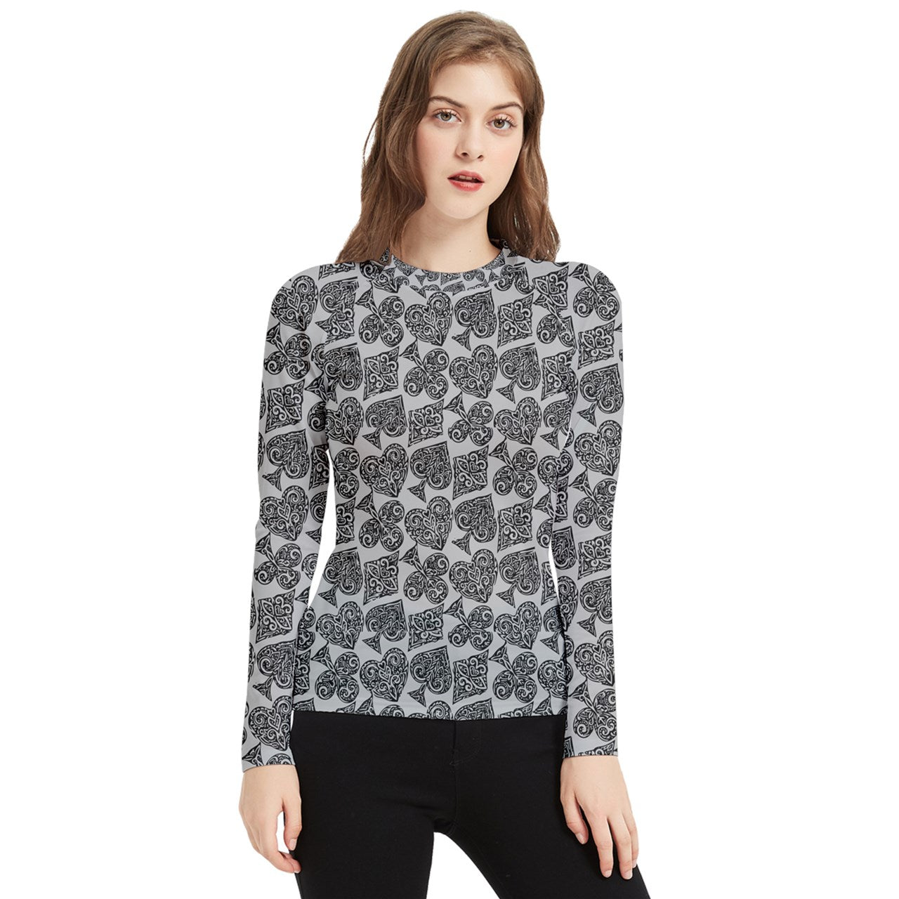 Playingcards-grey Women's Long Sleeve Rash Guard - Luxtrini, LLC