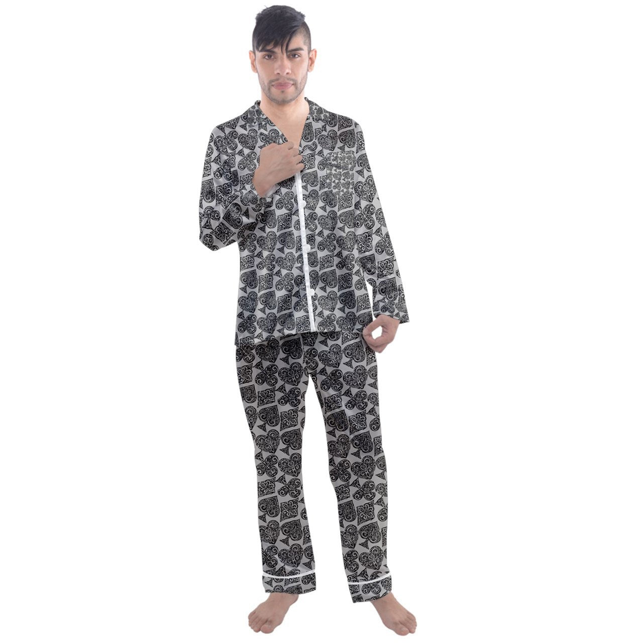 Playingcards-grey Men's Long Sleeve Satin Pajamas Set - Luxtrini, LLC