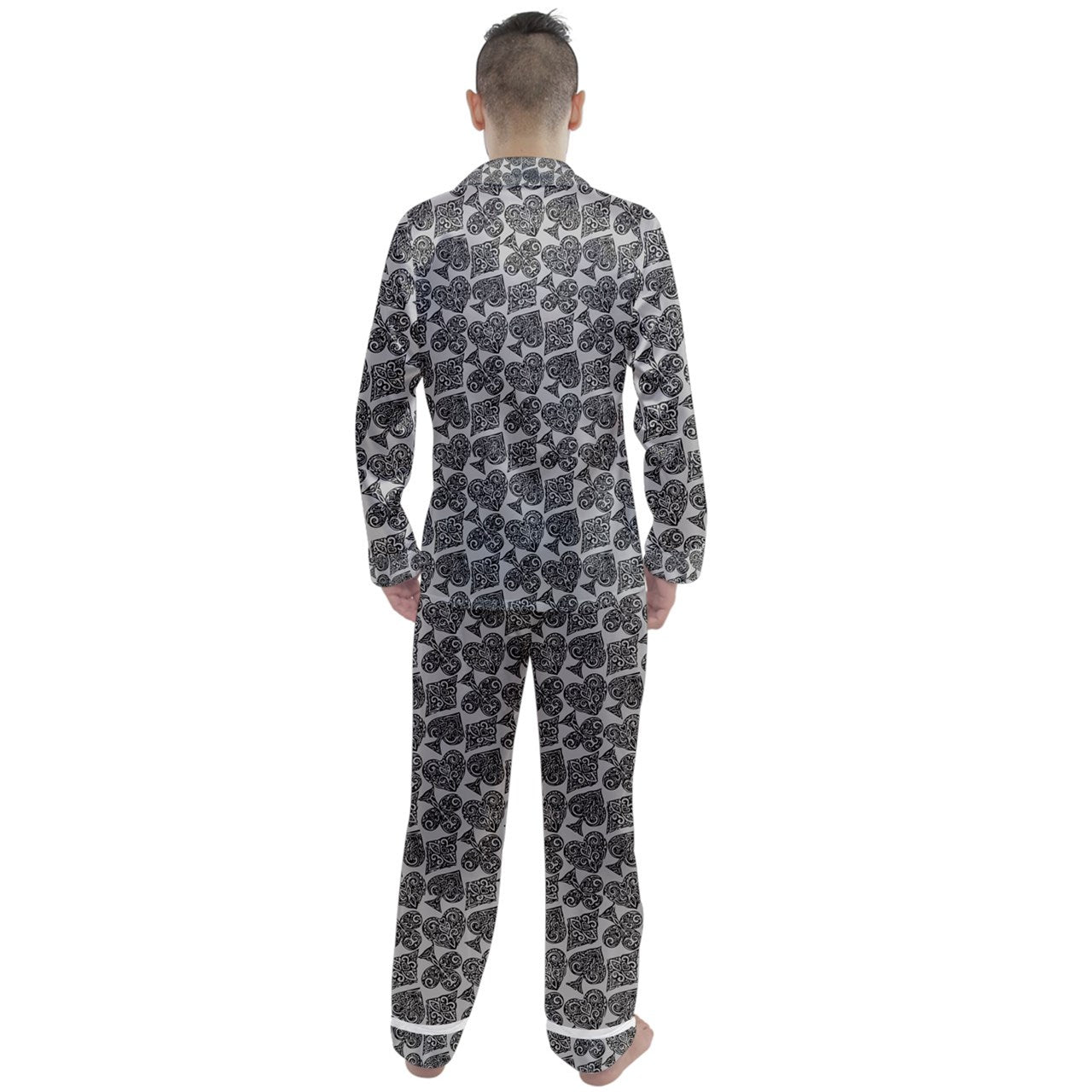 Playingcards-grey Men's Long Sleeve Satin Pajamas Set - Luxtrini, LLC