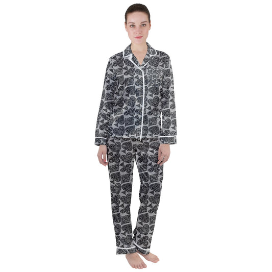 Playingcards-grey Women's Long Sleeve Satin Pajamas Set - Luxtrini, LLC