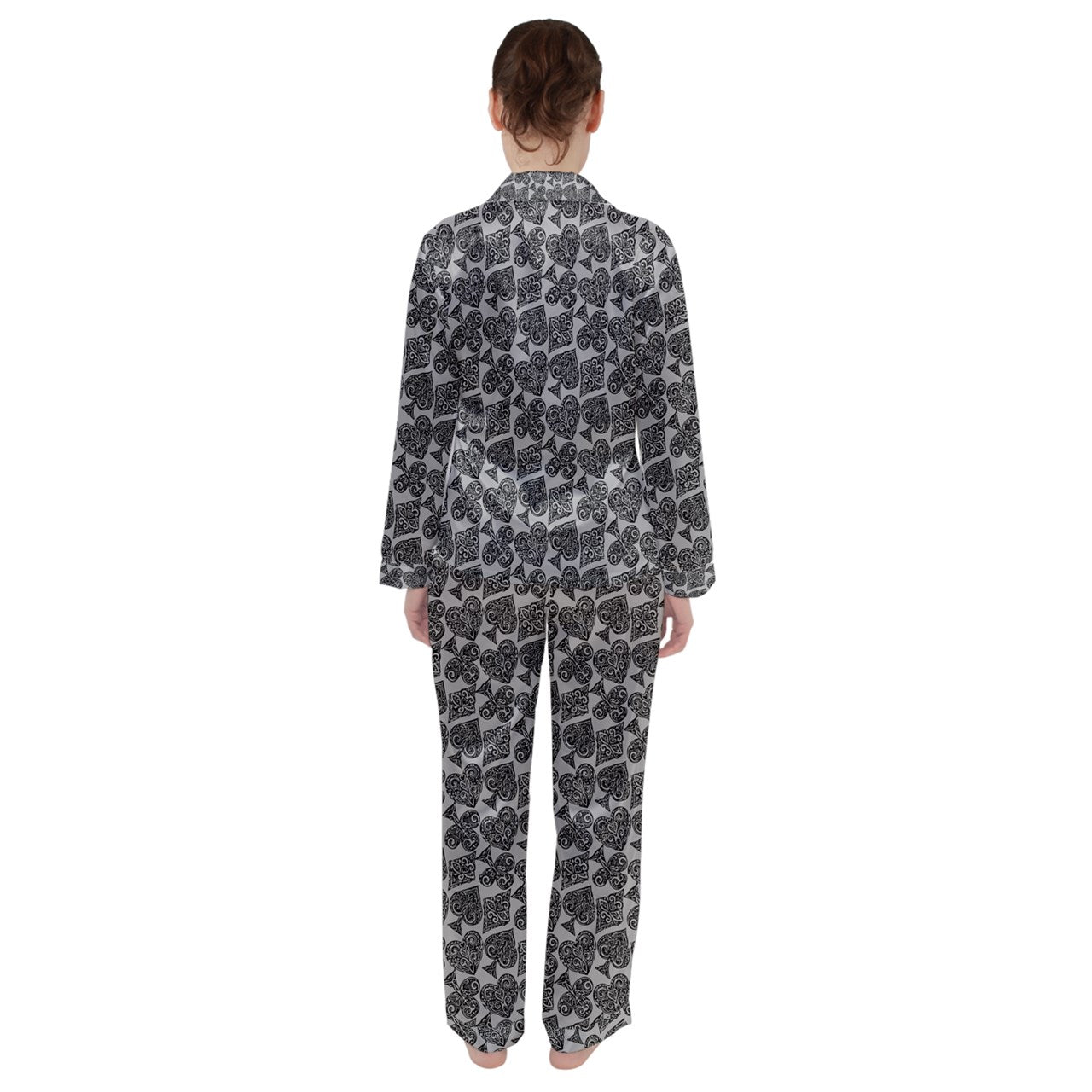 Playingcards-grey Women's Long Sleeve Satin Pajamas Set - Luxtrini, LLC