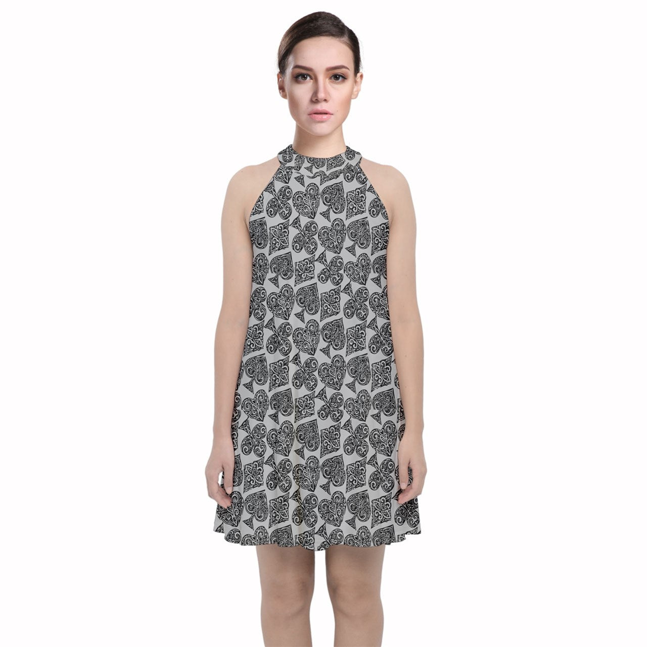 Playingcards-grey Velvet Halter Neckline Dress - Luxtrini, LLC