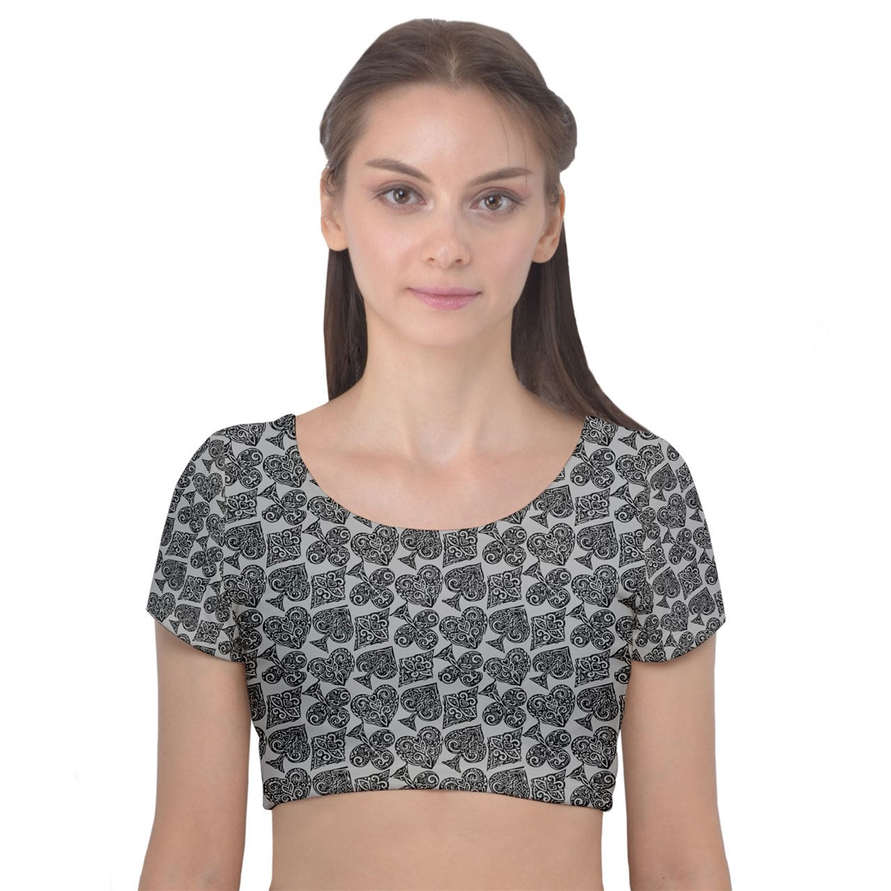 Playingcards-grey Velvet Short Sleeve Crop Top - Luxtrini, LLC