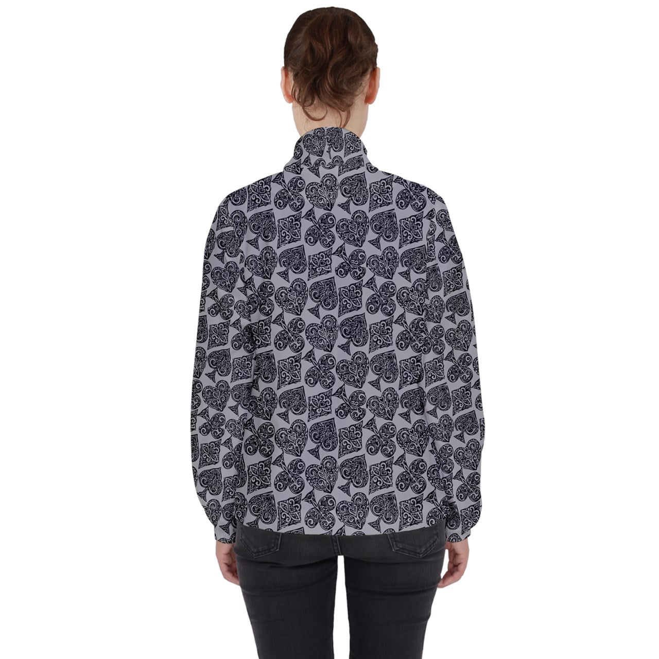 Playingcards-grey Women's High Neck Windbreaker - Luxtrini, LLC