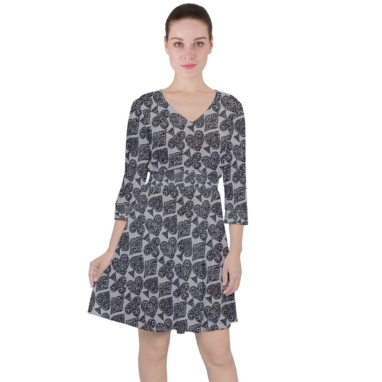 Playingcards-grey Quarter Sleeve Ruffle Waist Dress - Luxtrini, LLC