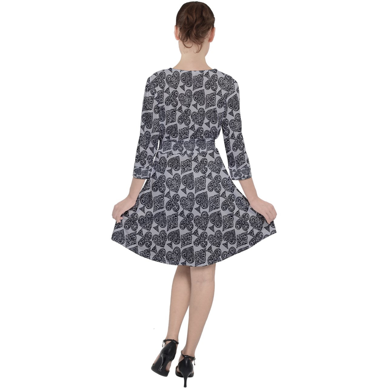 Playingcards-grey Quarter Sleeve Ruffle Waist Dress - Luxtrini, LLC