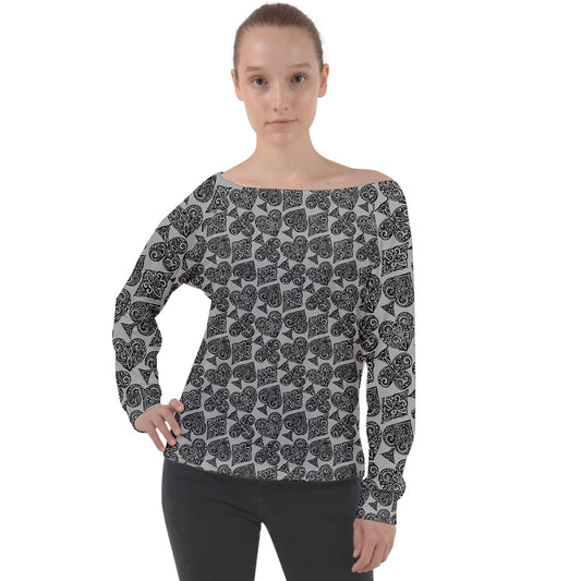 Playingcards-grey Off Shoulder Long Sleeve Velour Top - Luxtrini, LLC