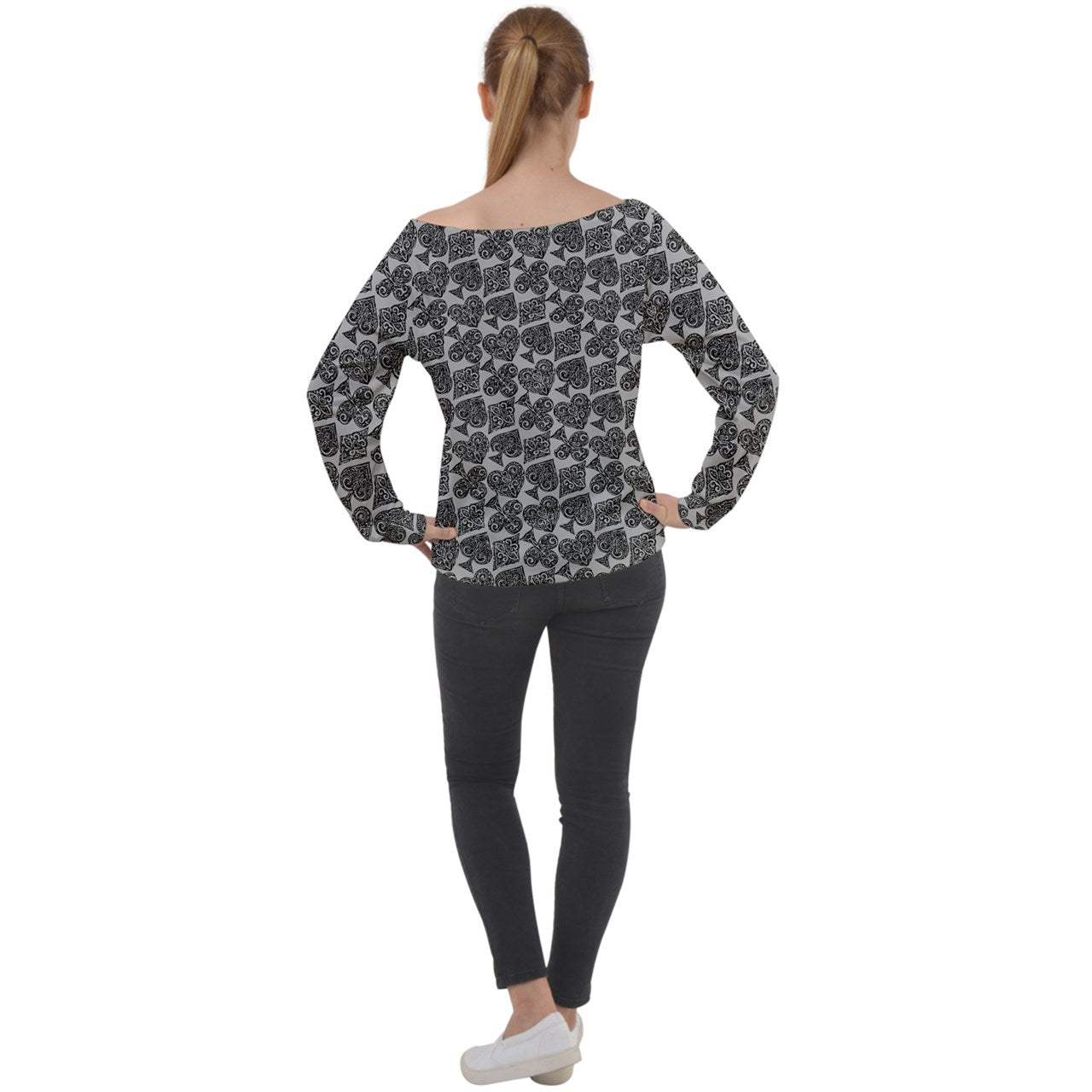 Playingcards-grey Off Shoulder Long Sleeve Velour Top - Luxtrini, LLC