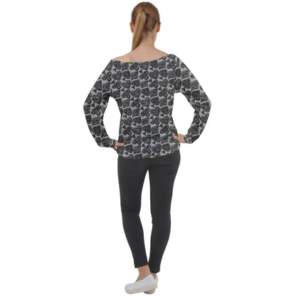 Playingcards-grey Off Shoulder Long Sleeve Velour Top - Luxtrini, LLC