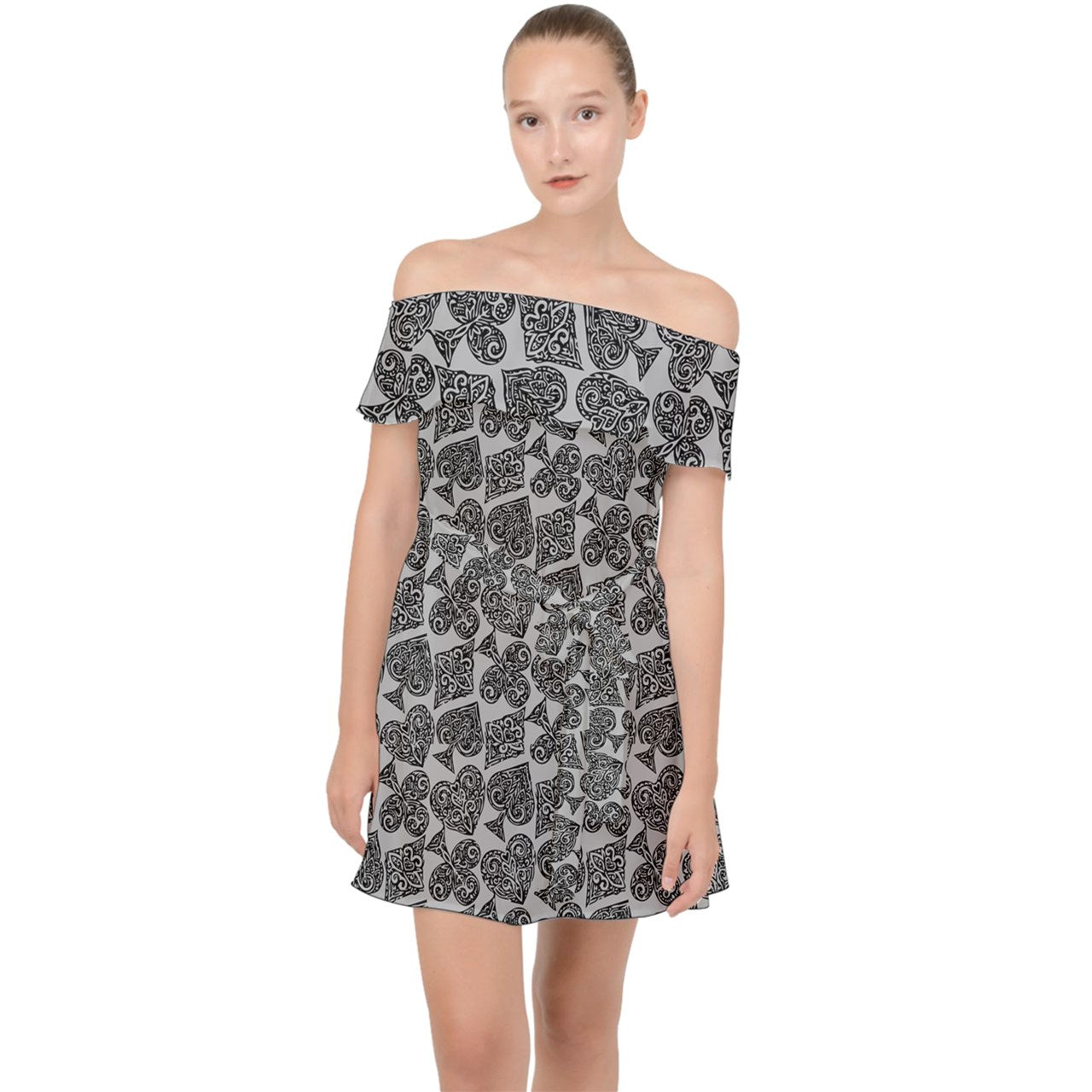 Playingcards-grey Off Shoulder Chiffon Dress - Luxtrini, LLC