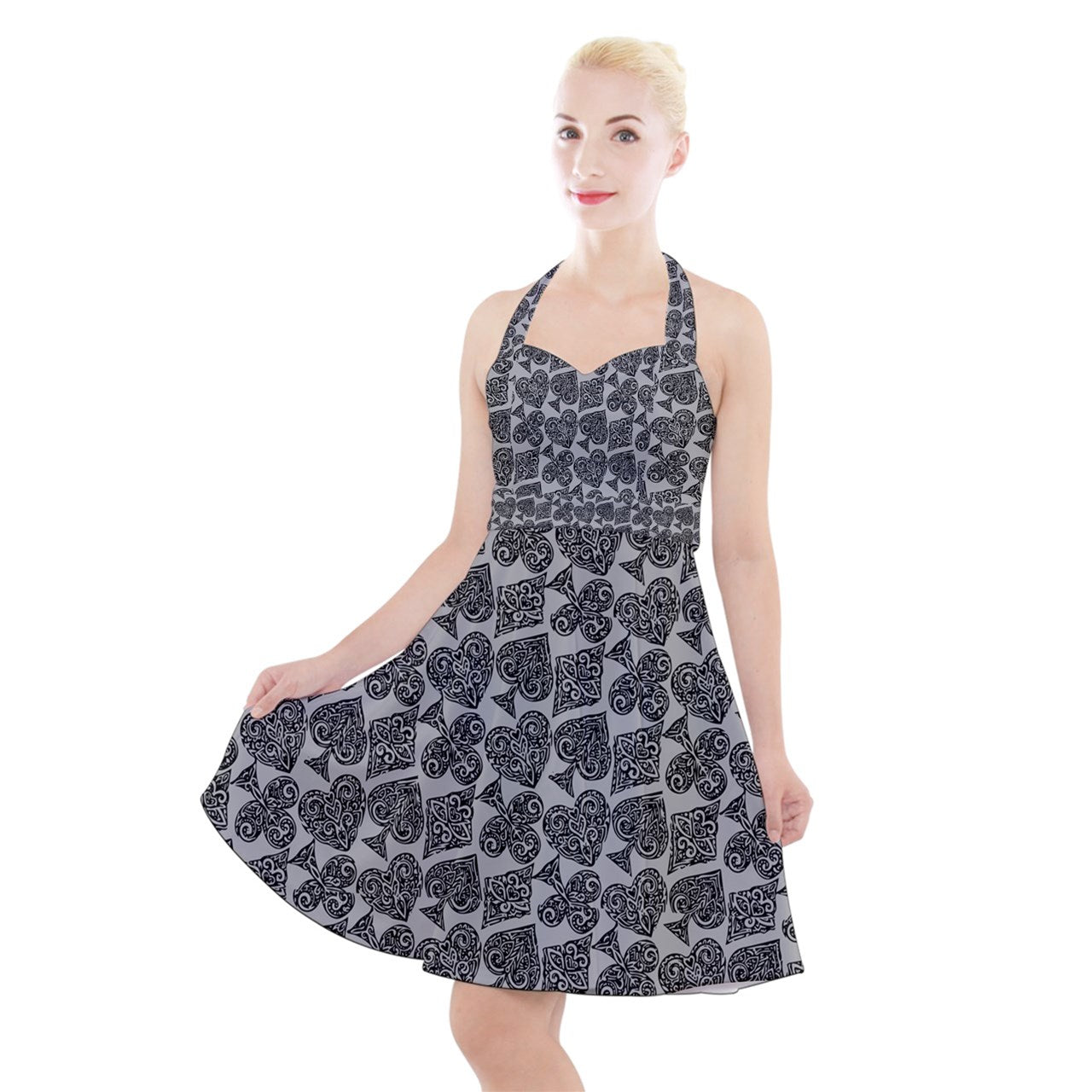 Playingcards-grey Halter Party Swing Dress - Luxtrini, LLC