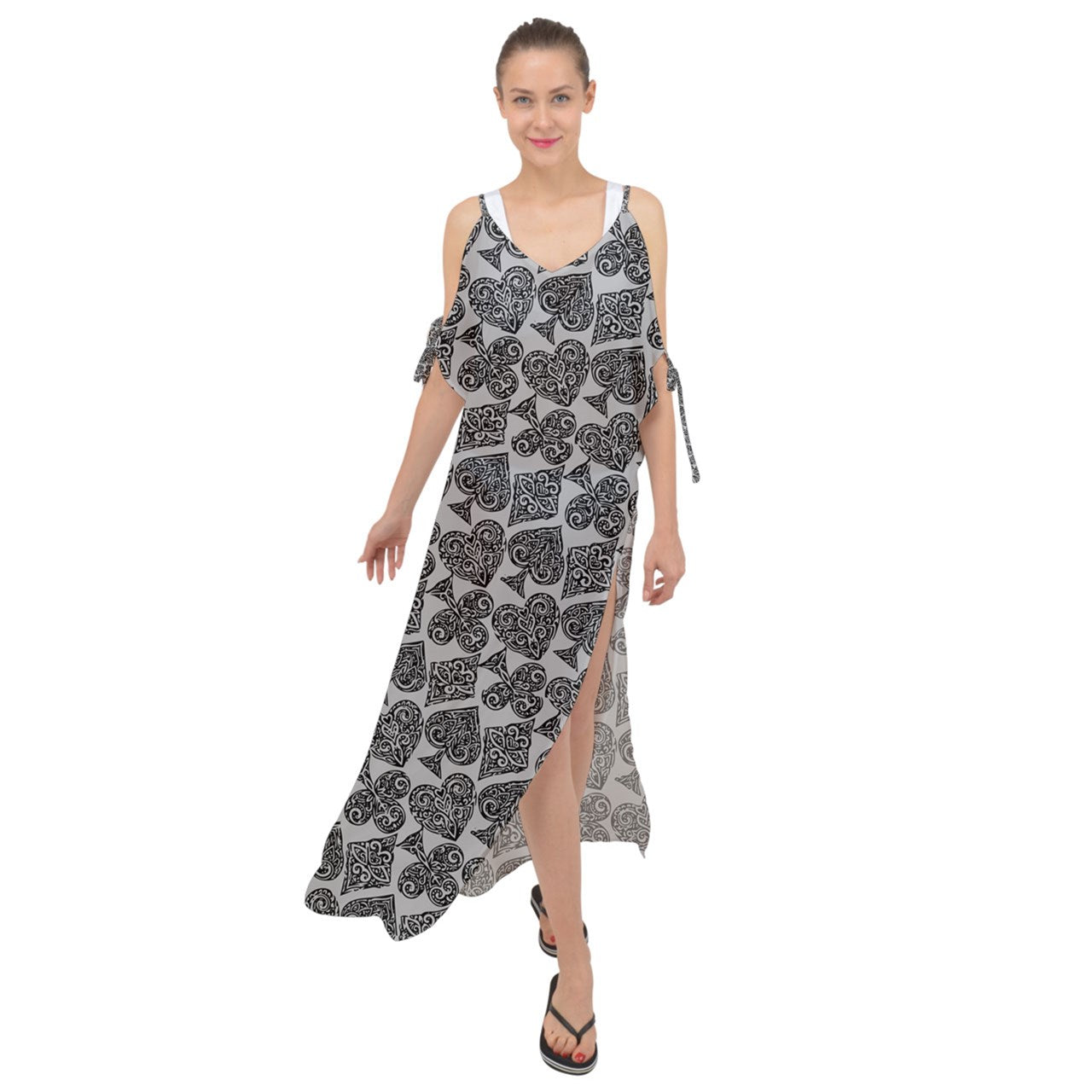 Playingcards-grey Maxi Chiffon Cover Up Dress - Luxtrini, LLC