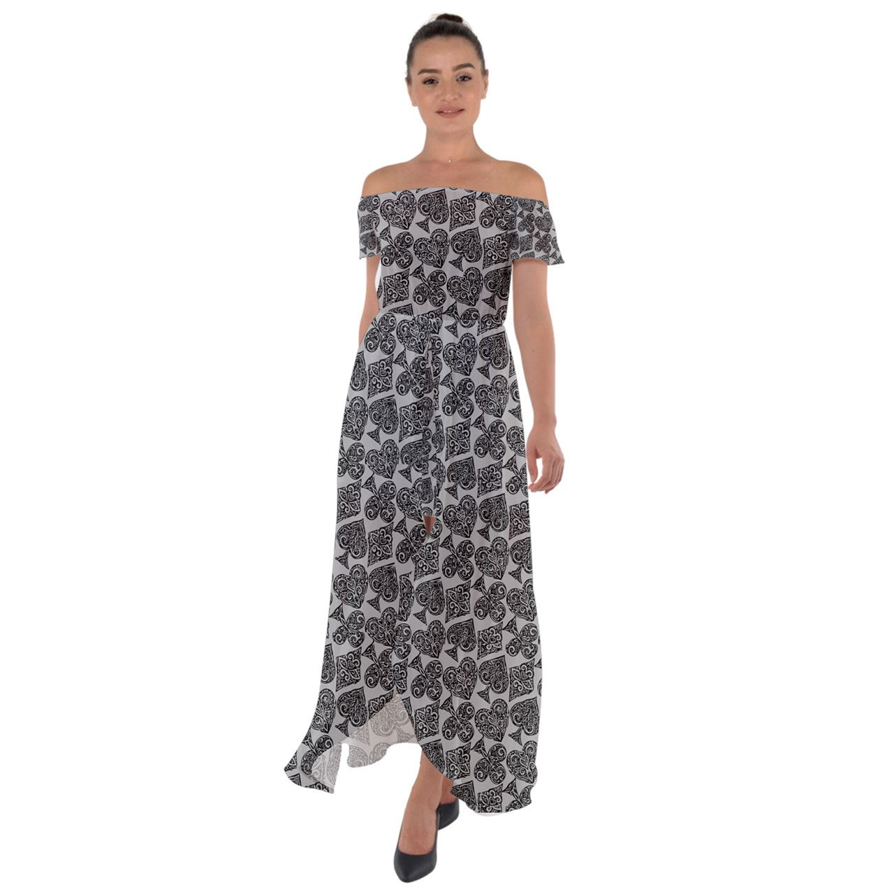 Playingcards-grey Off Shoulder Open Front Chiffon Dress - Luxtrini, LLC