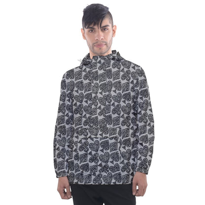 Playingcards-grey Men's Front Pocket Pullover Windbreaker - Luxtrini, LLC