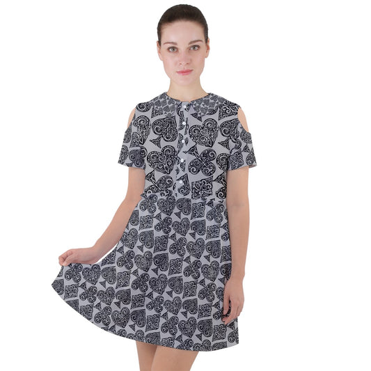 Playingcards-grey Short Sleeve Shoulder Cut Out Dress - Luxtrini, LLC