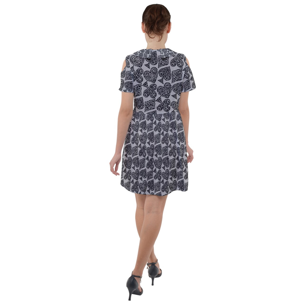 Playingcards-grey Short Sleeve Shoulder Cut Out Dress - Luxtrini, LLC