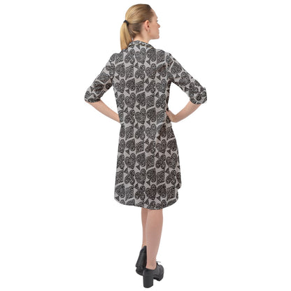 Playingcards-grey Long Sleeve Mini Shirt Dress - Luxtrini, LLC