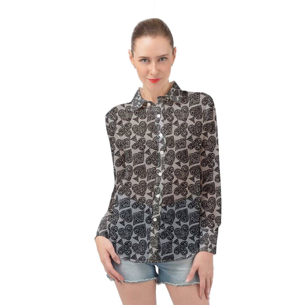 Playingcards-grey Long Sleeve Chiffon Shirt - Luxtrini, LLC