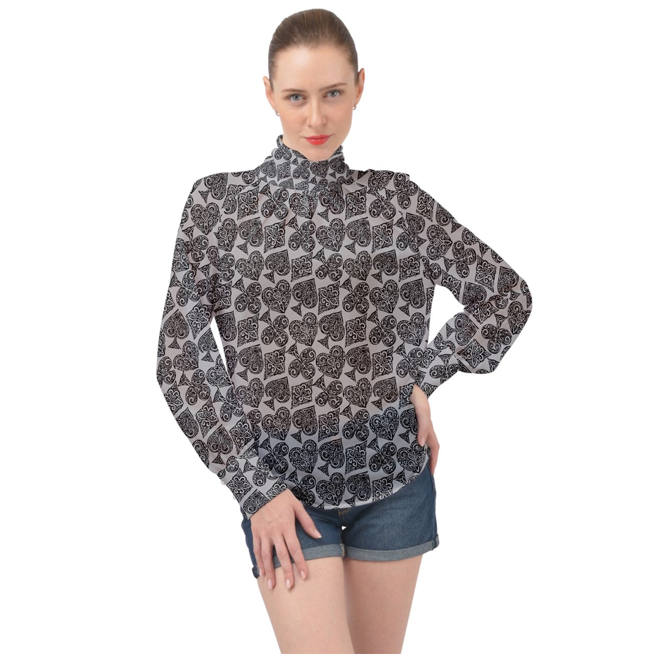 Playingcards-grey High Neck Long Sleeve Chiffon Top - Luxtrini, LLC