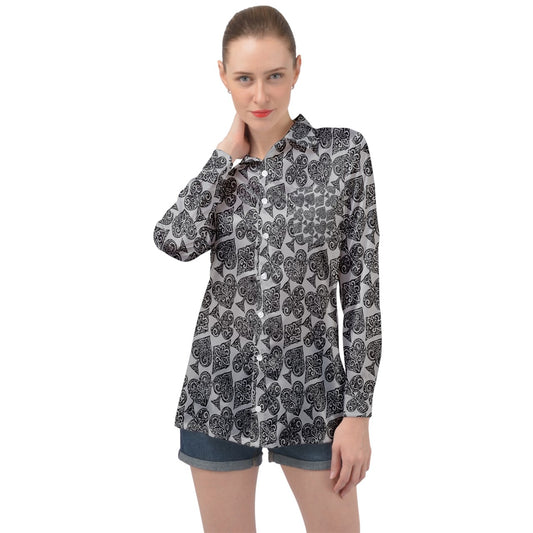 Playingcards-grey Long Sleeve Satin Shirt - Luxtrini, LLC