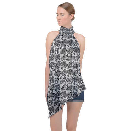 Playingcards-grey Halter Asymmetric Satin Top - Luxtrini, LLC