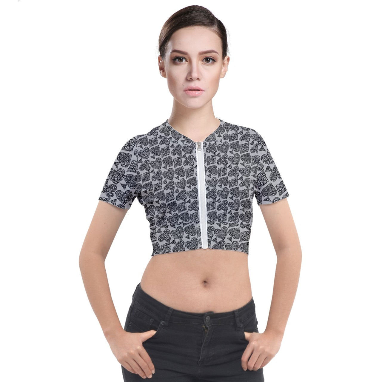 Playingcards-grey Short Sleeve Cropped Jacket - Luxtrini, LLC