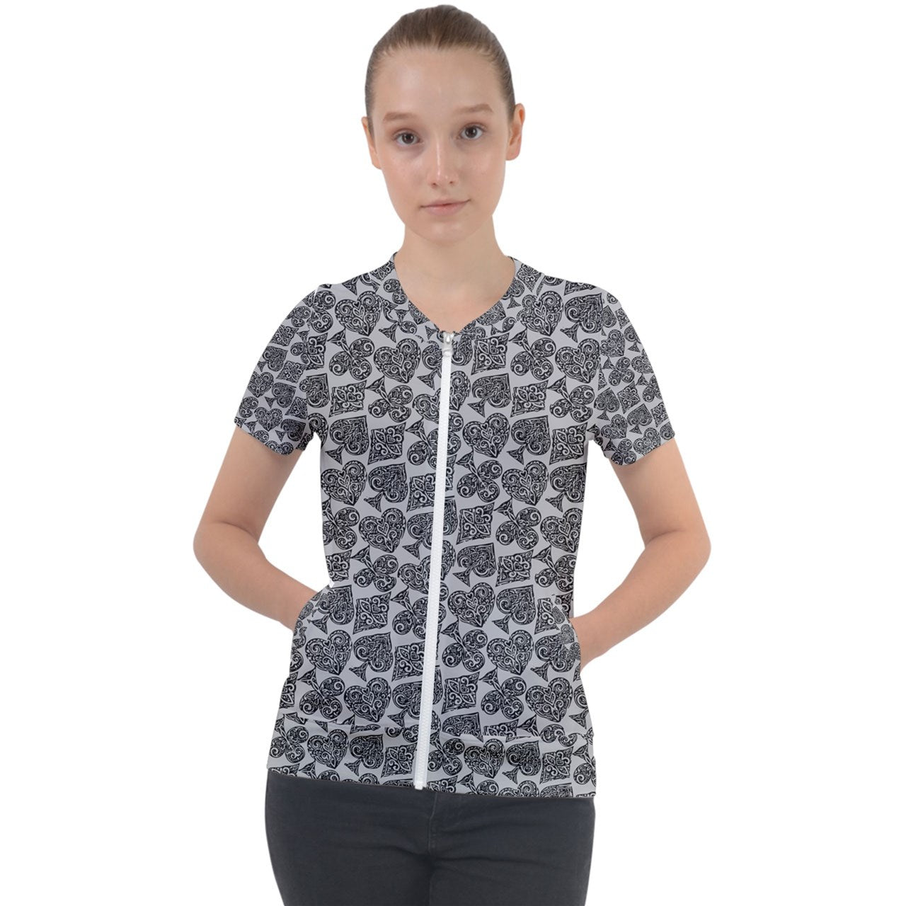 Playingcards-grey Short Sleeve Zip Up Jacket - Luxtrini, LLC