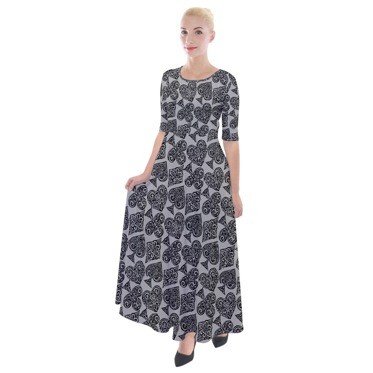 Playingcards-grey Half Sleeves Maxi Dress - Luxtrini, LLC