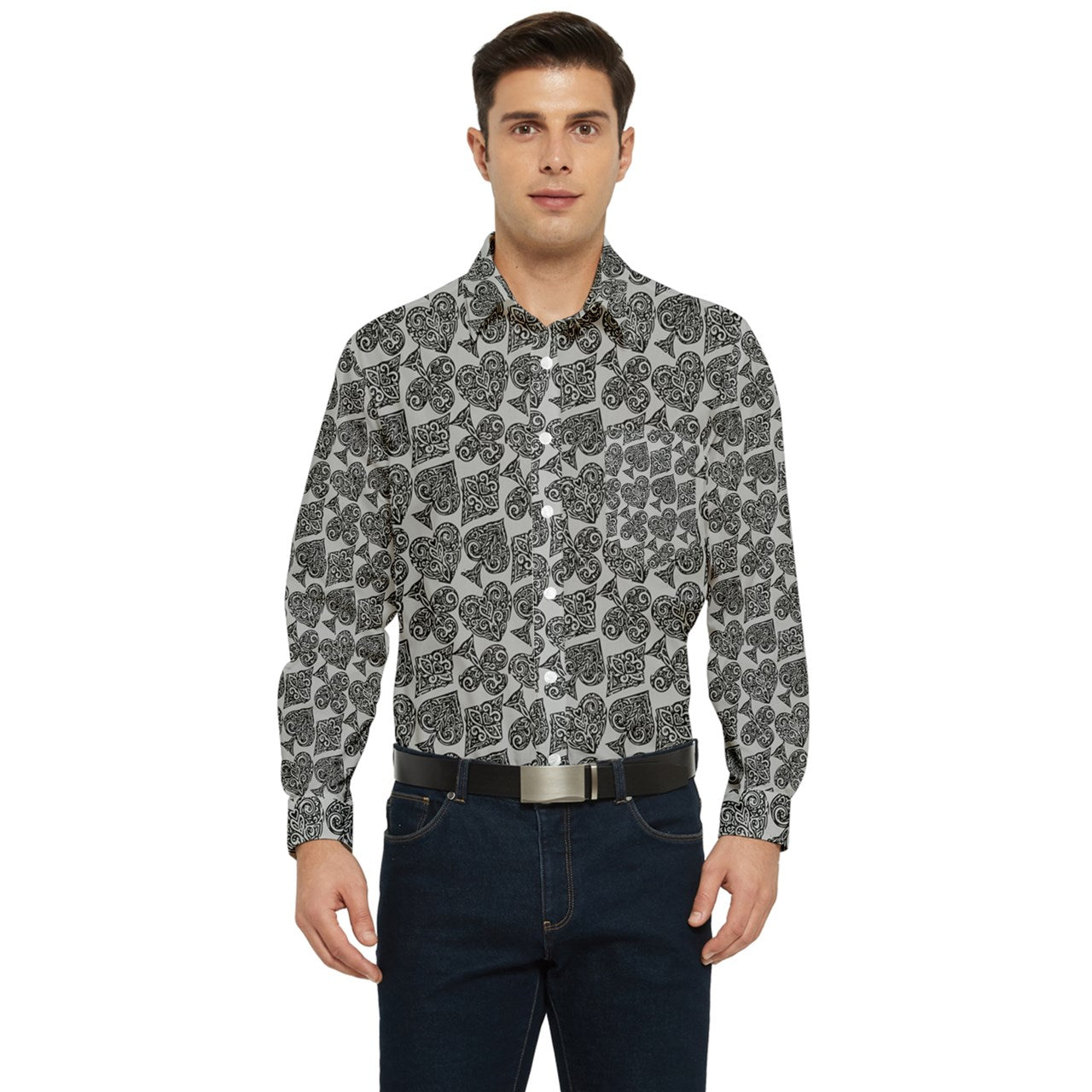 Playingcards-grey Men's Long Sleeve Pocket Shirt - Luxtrini, LLC