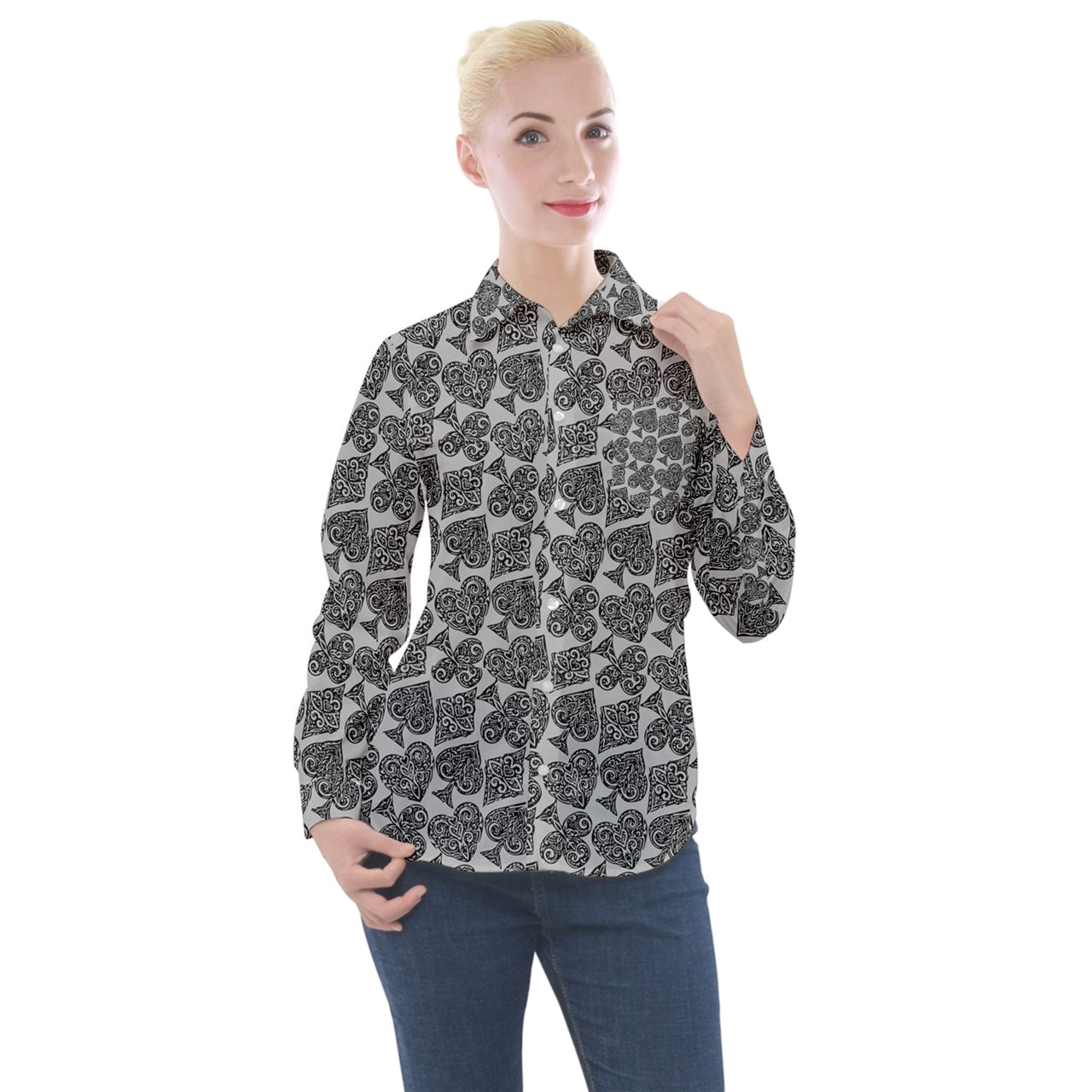 Playingcards-grey Women's Long Sleeve Pocket Shirt - Luxtrini, LLC