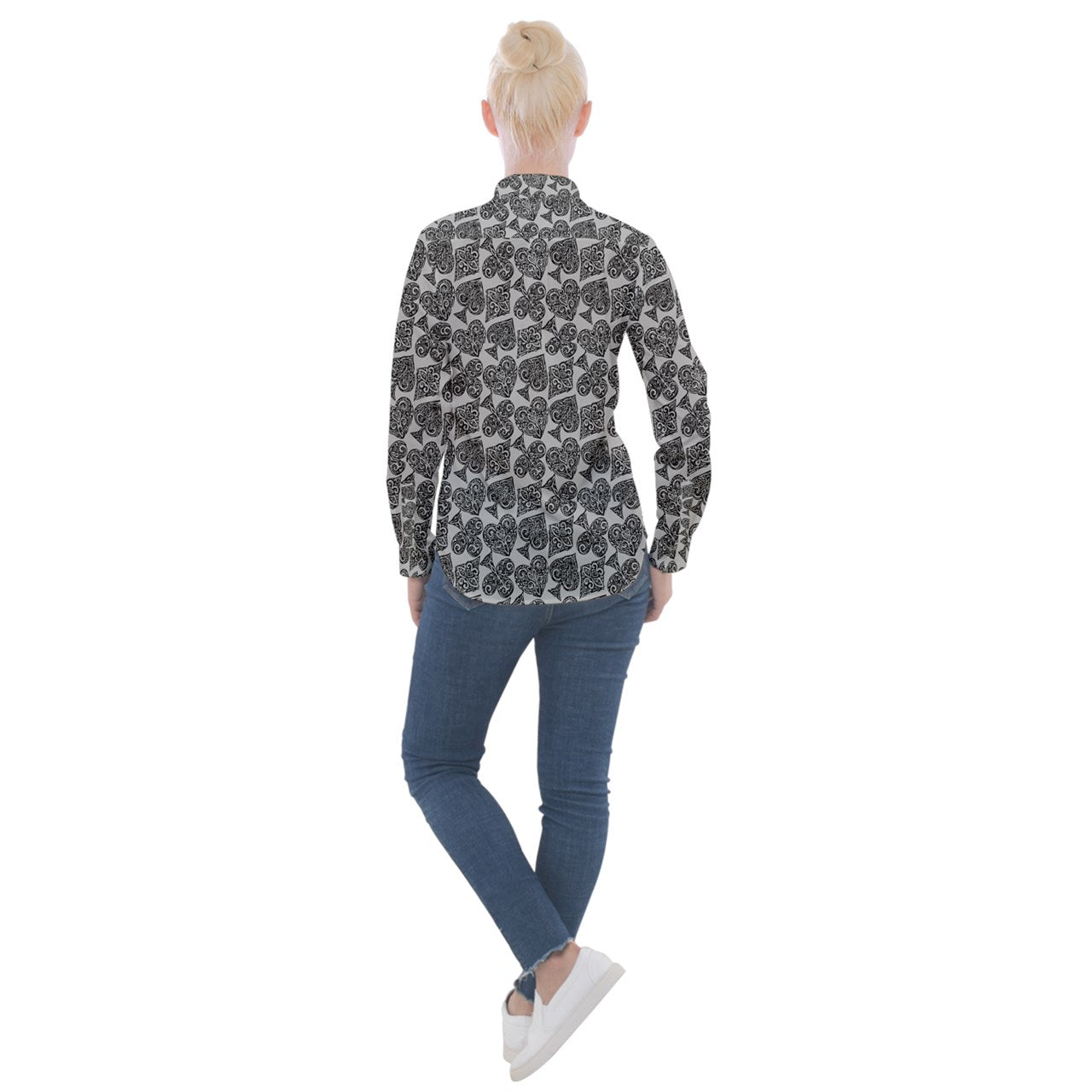 Playingcards-grey Women's Long Sleeve Pocket Shirt - Luxtrini, LLC