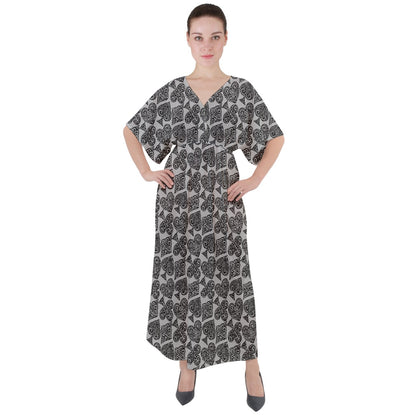 Playingcards-grey V-Neck Boho Style Maxi Dress - Luxtrini, LLC