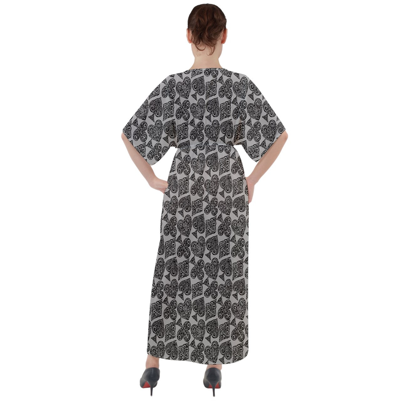 Playingcards-grey V-Neck Boho Style Maxi Dress - Luxtrini, LLC