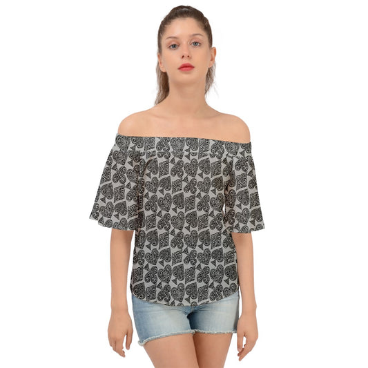 Playingcards-grey Off Shoulder Short Sleeve Top - Luxtrini, LLC