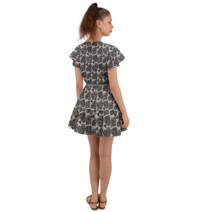 Playingcards-grey Flutter Sleeve Wrap Dress - Luxtrini, LLC