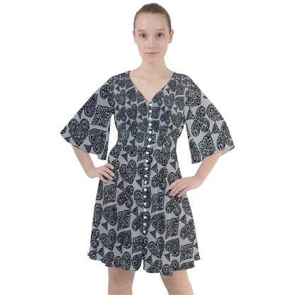 Playingcards-grey Boho Button Up Dress - Luxtrini, LLC