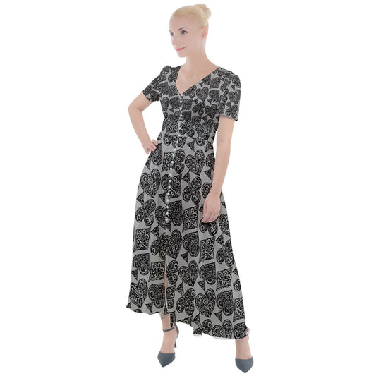 Playingcards-grey Button Up Short Sleeve Maxi Dress - Luxtrini, LLC