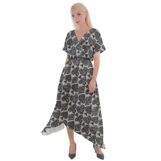 Playingcards-grey Cross Front Sharkbite Hem Maxi Dress - Luxtrini, LLC