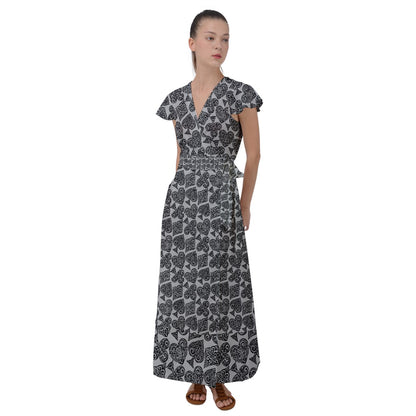 Playingcards-grey Flutter Sleeve Maxi Dress - Luxtrini, LLC