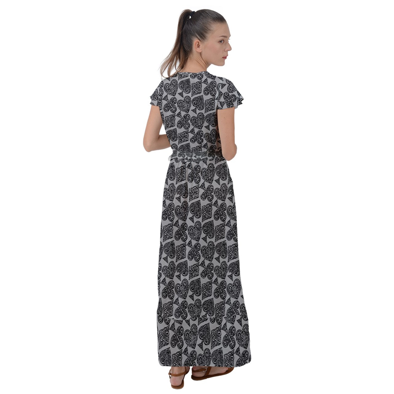 Playingcards-grey Flutter Sleeve Maxi Dress - Luxtrini, LLC