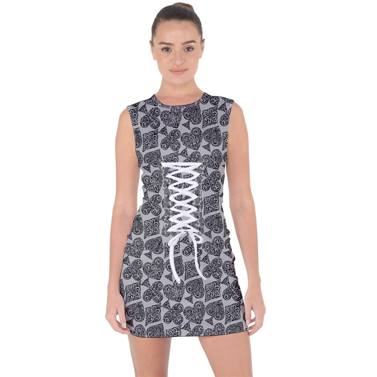 Playingcards-grey Lace Up Front Bodycon Dress - Luxtrini, LLC