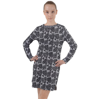 Playingcards-grey Long Sleeve Hoodie Dress - Luxtrini, LLC