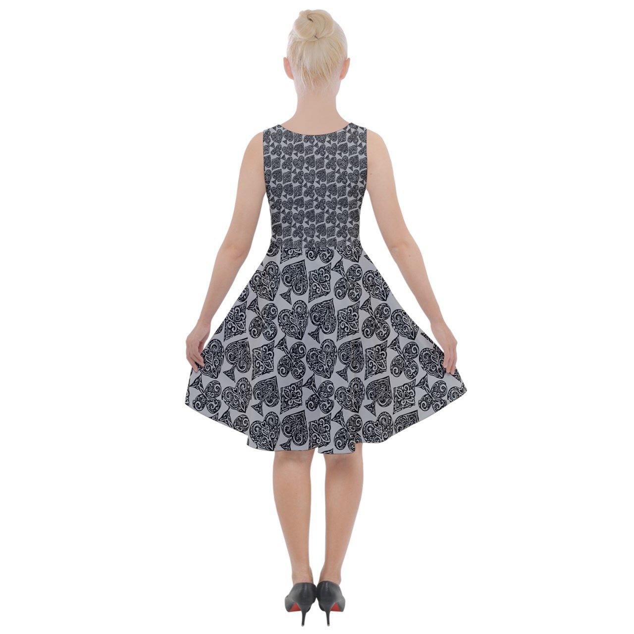 Playingcards-grey Knee Length Skater Dress With Pockets - Luxtrini, LLC