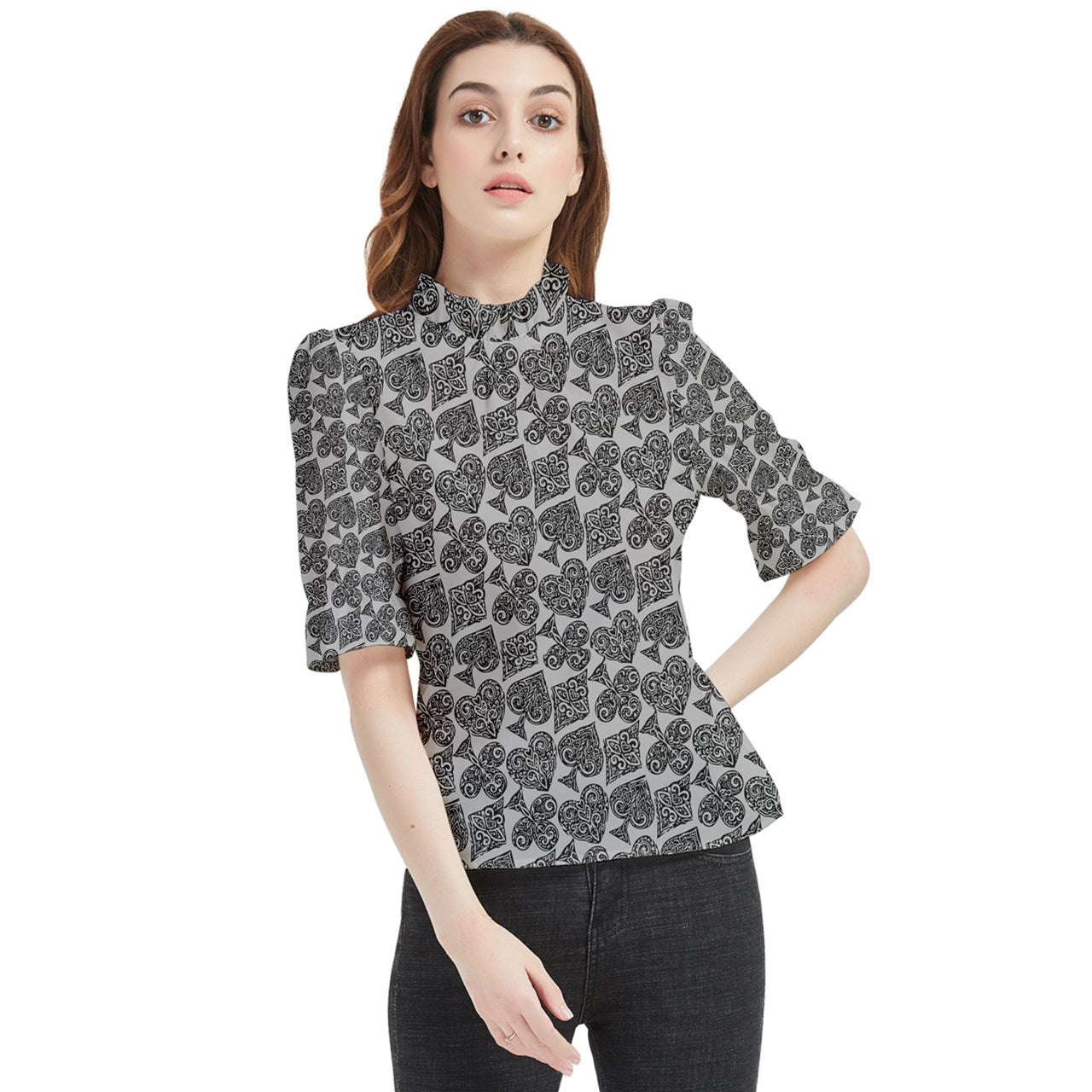 Playingcards-grey Frill Neck Blouse - Luxtrini, LLC