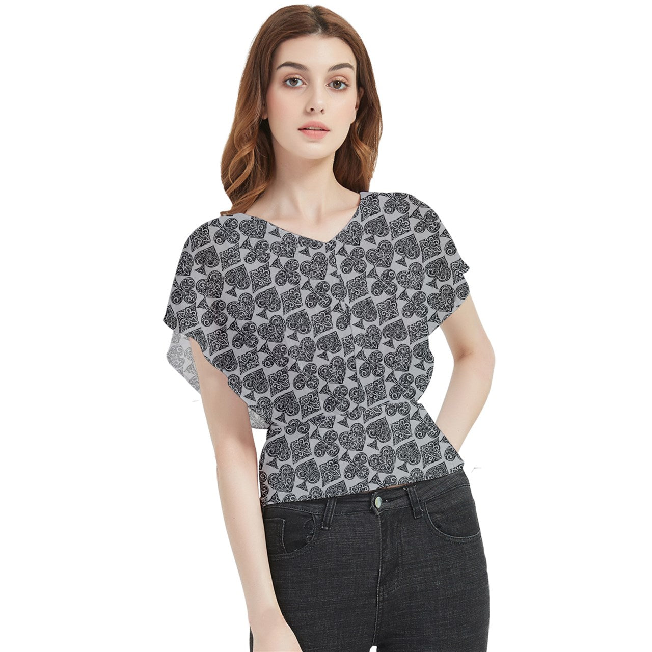 Playingcards-grey Butterfly Chiffon Blouse - Luxtrini, LLC