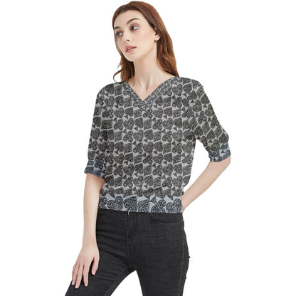 Playingcards-grey Quarter Sleeve Blouse - Luxtrini, LLC