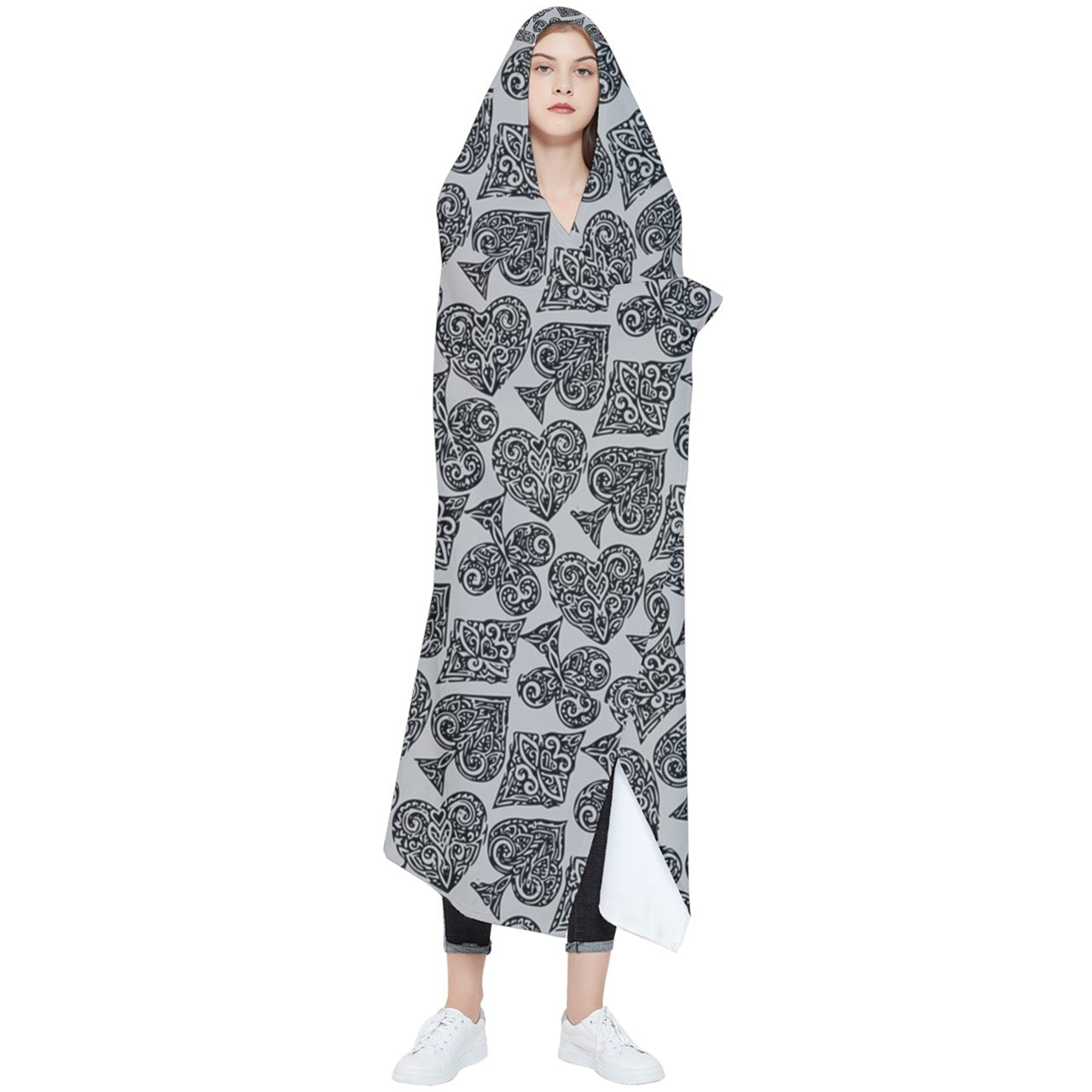 Gray Playing Cards Wearable Blanket with Hood and Finger Loops