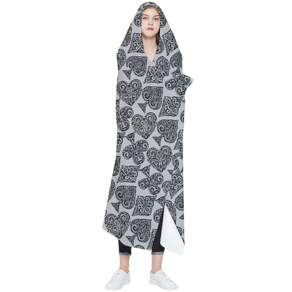 Gray Playing Cards Wearable Blanket with Hood and Finger Loops